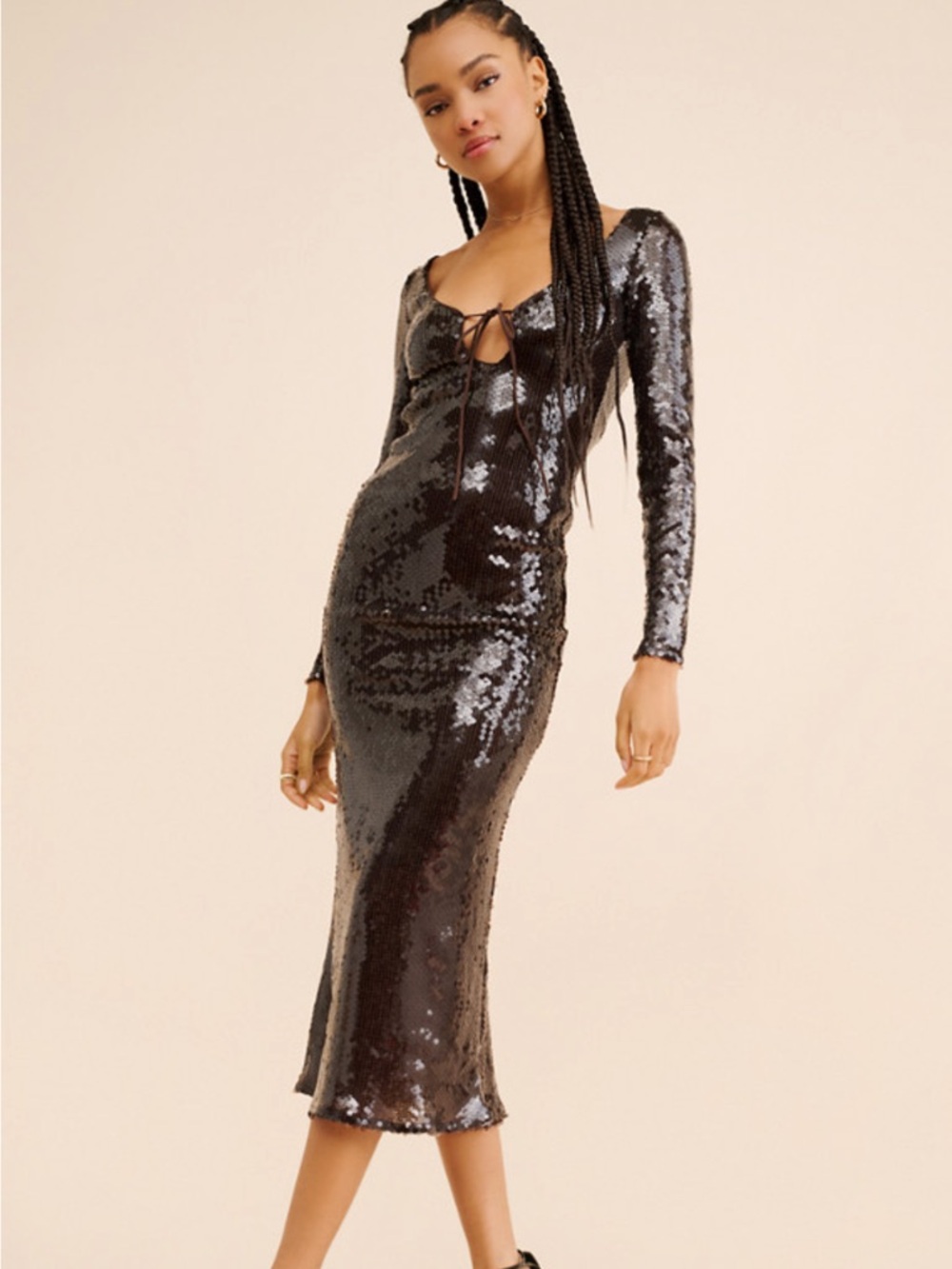 Bardot Verona Black Sequin Midi Long Sleeve Dress Open Back Sz 6 NWT **179**